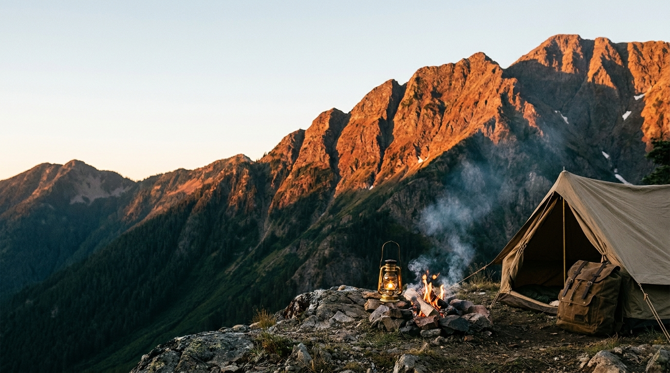 Mountain ridgeline at golden hour with campsite gear